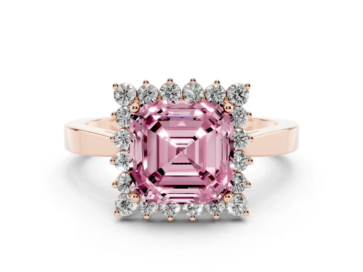 Fancy Pink Asscher Cut Cut Diamond Halo Ring with Round Brilliant Halo and Solitaire Band Rose gold