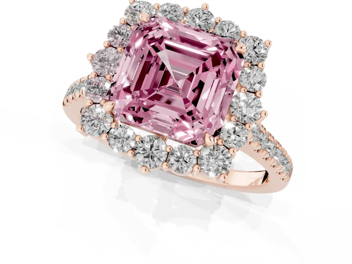 Fancy Pink Asscher Cut Halo Diamond Ring with Pavé Band and Prong Setting Rose gold
