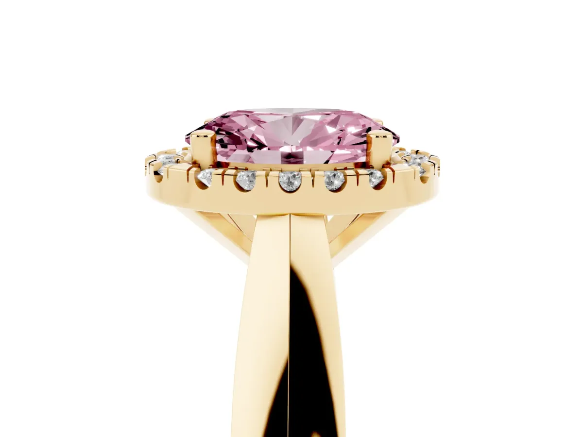 Fancy Pink Oval Cut Cut Halo Solitaire Engagement Ring with Square Band and Four-Prong Setting Yellow gold
