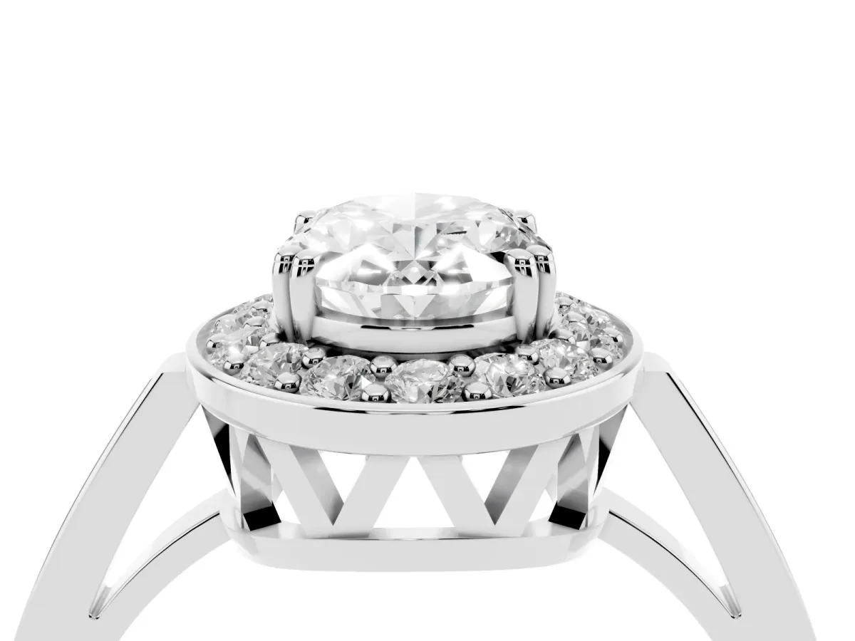 Oval Cut Diamond Halo Ring with Split Shank and Four-Prong Setting Silver