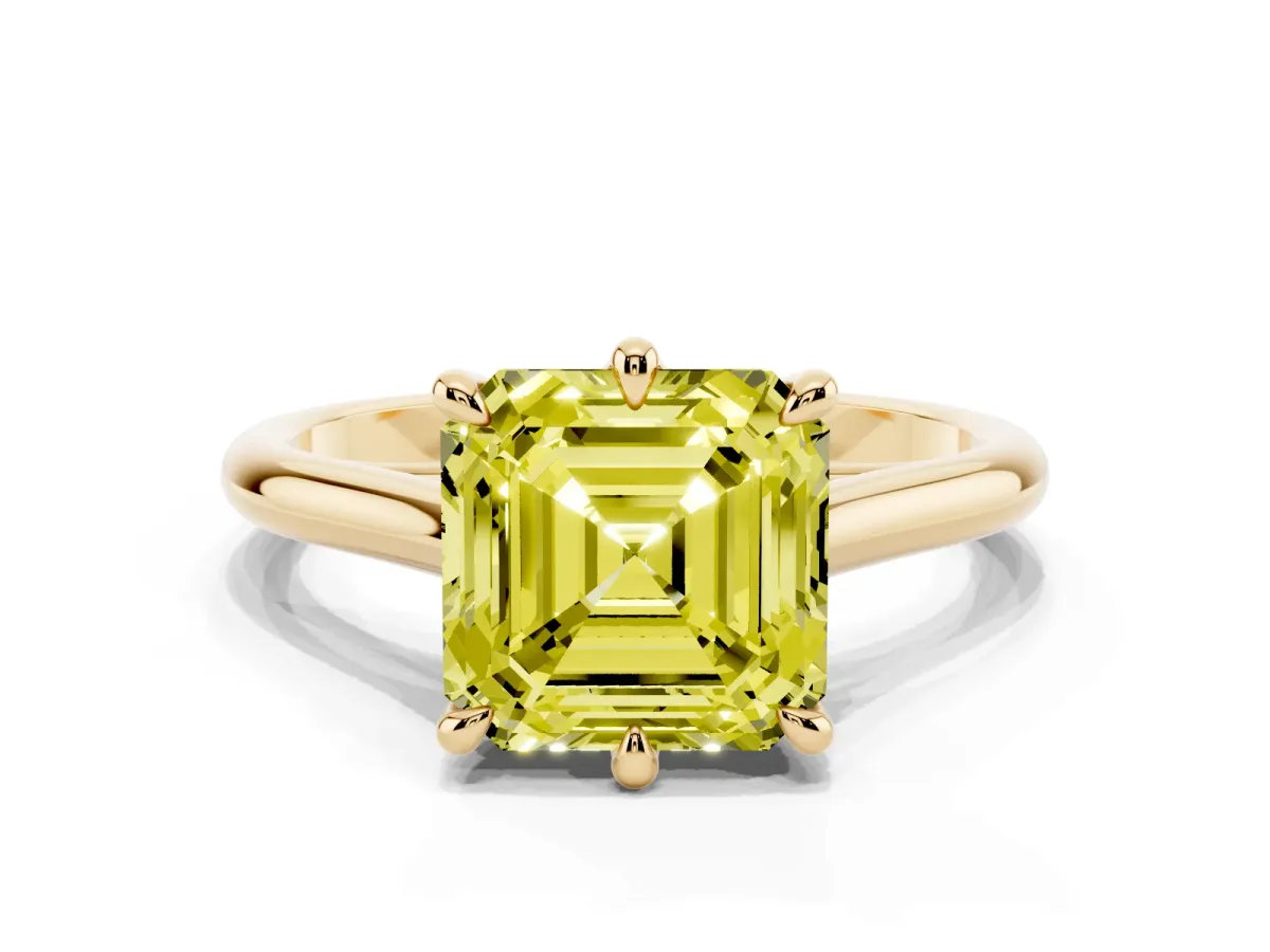 Fancy Yellow Asscher Cut Solitaire Engagement Ring with Six-Prong Setting and Classic Band Yellow gold