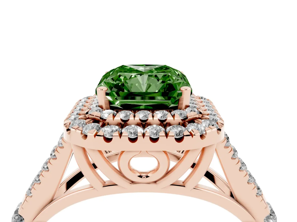 Fancy Green Double Halo Radiant Cut Diamond Split Shank Engagement Ring with Four-Prong Setting Rose gold