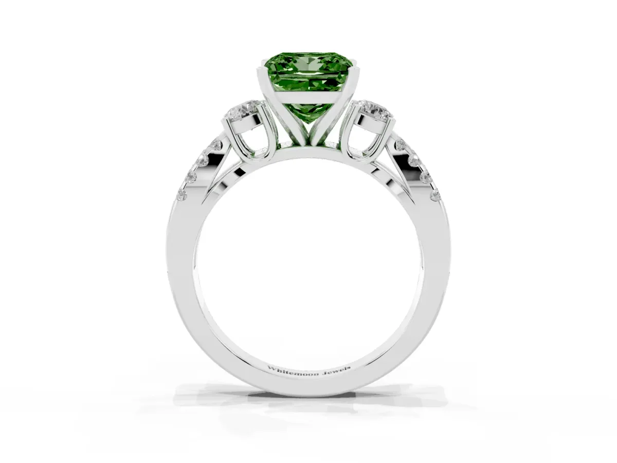 Fancy Green Princess Cut Diamond Three-Stone Ring with Pavé Split Shank and Four-Prong Setting Platinum