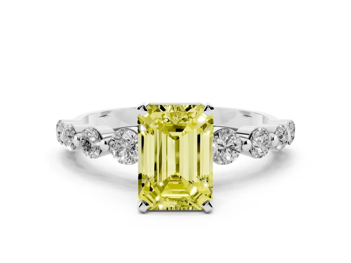 Fancy Yellow Emerald Cut Solitaire Diamond Ring with Pave Band and Four-Prong Setting Silver