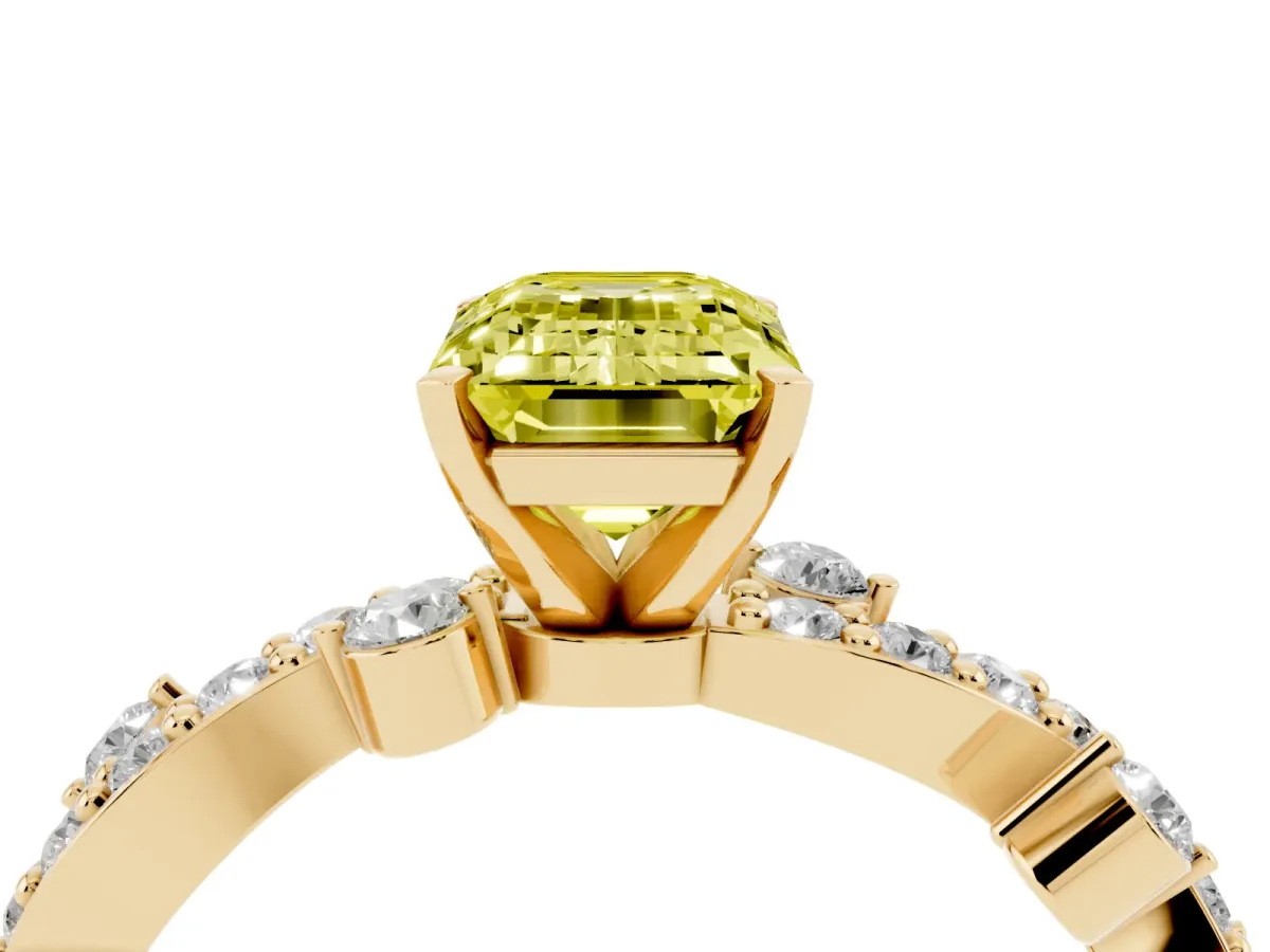 Fancy Yellow Emerald Cut Cut Solitaire Diamond Twisted Band with Pave Setting Yellow gold