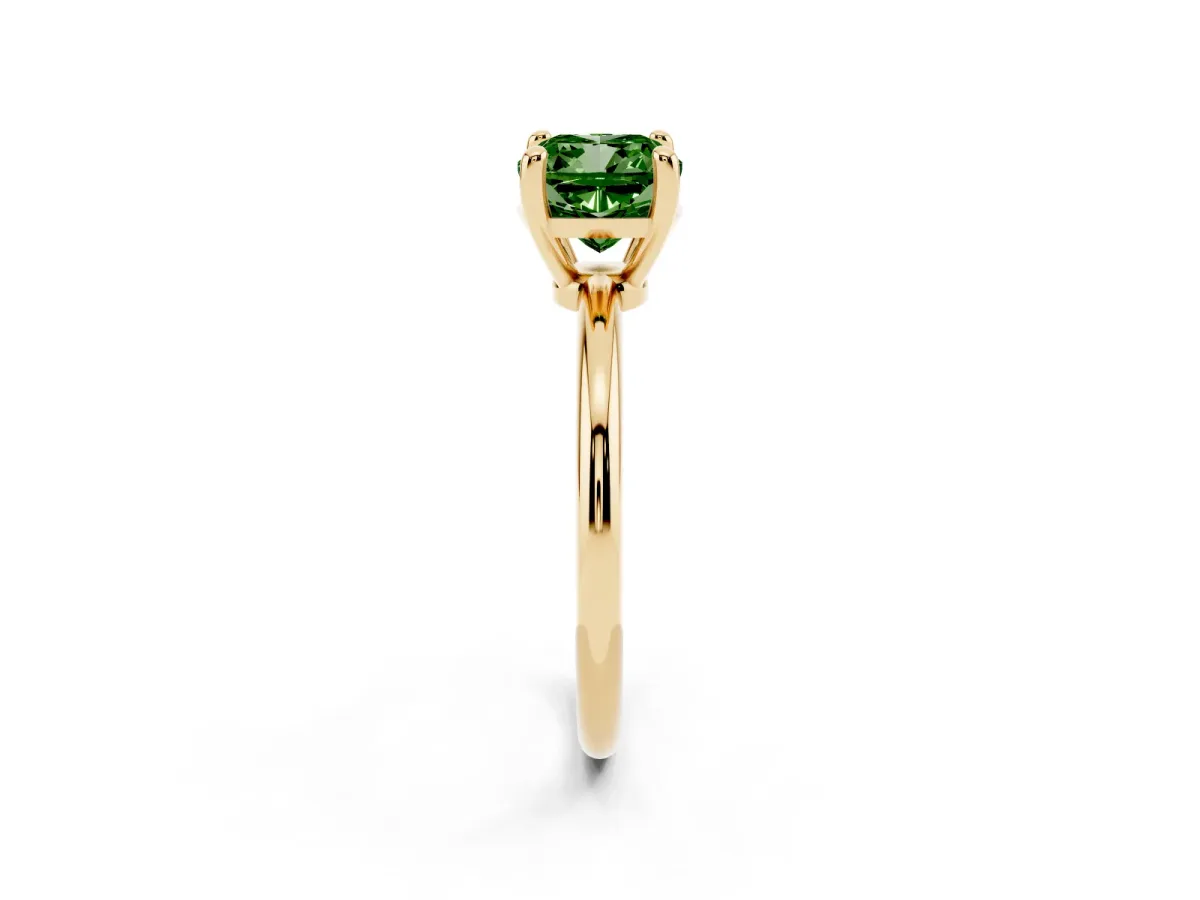 Fancy Green Cushion Cut Solitaire Diamond Ring with 4-Prong Setting on a Classic Band Yellow gold