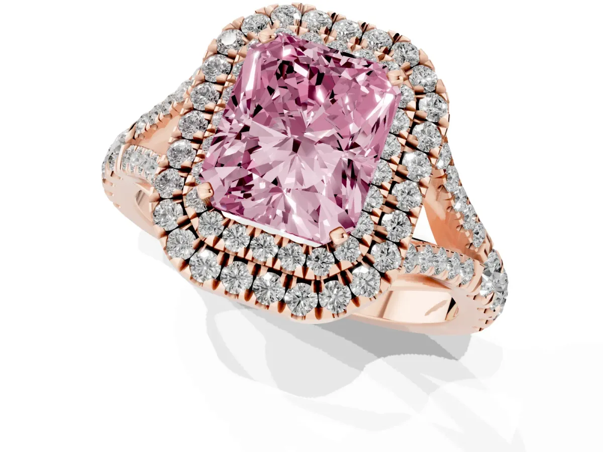 Fancy Pink Double Halo Radiant Cut Diamond Split Shank Engagement Ring with Four-Prong Setting Rose gold