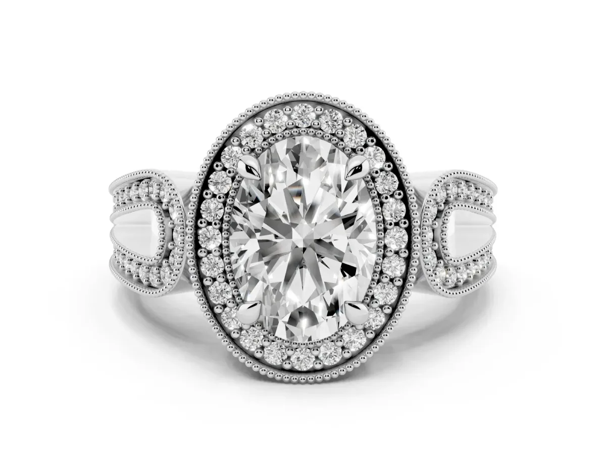 Oval Cut Halo Split Shank Milgrain Diamond Ring White gold