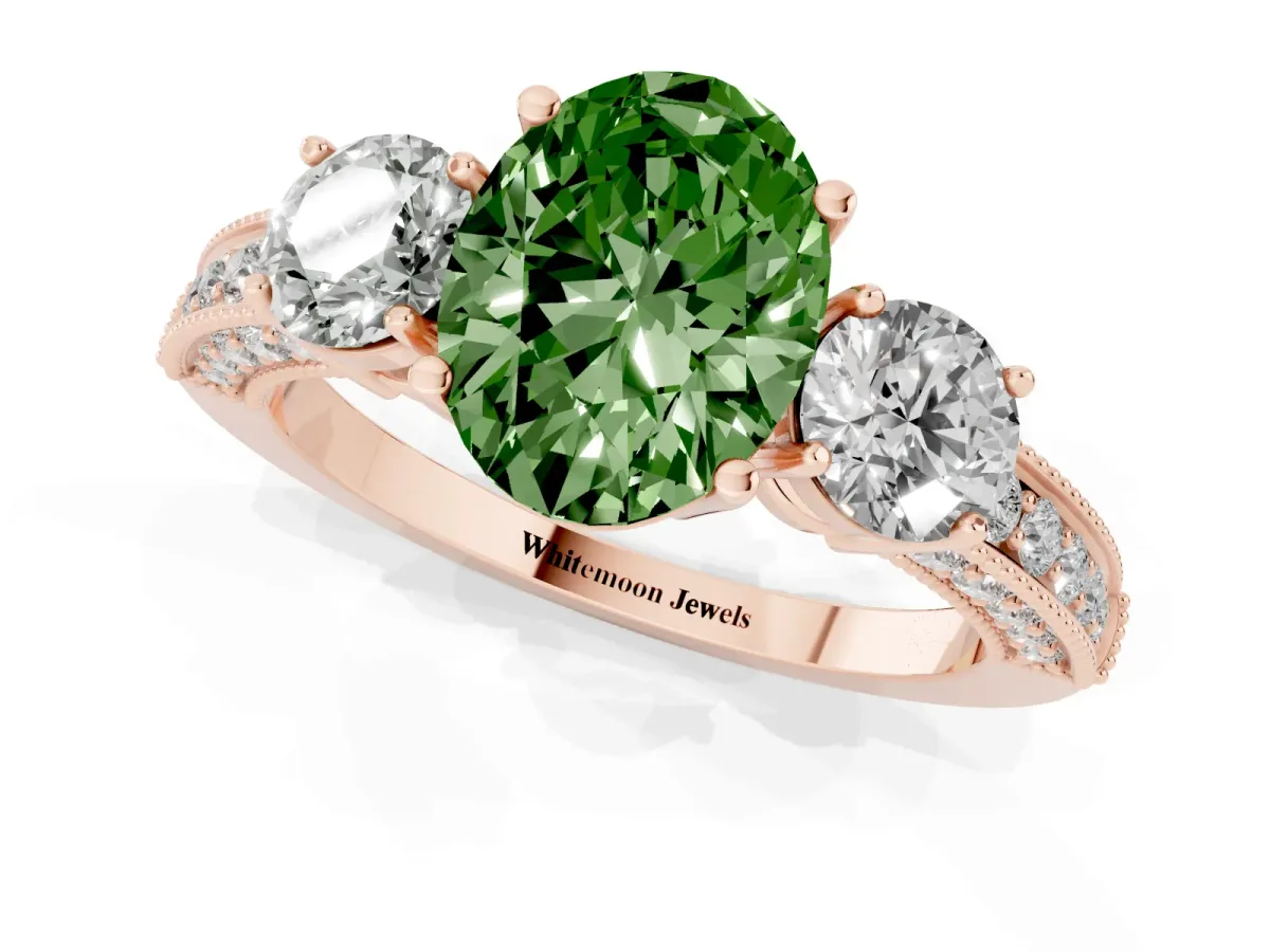 Fancy Green Oval Cut Three-Stone Diamond Ring with Pavé Band and Four-Prong Setting Rose gold