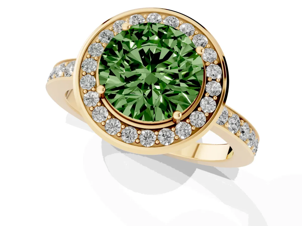 Fancy Green Round Cut Diamond Halo Ring with Bezel Frame and Pavé Band Yellow gold