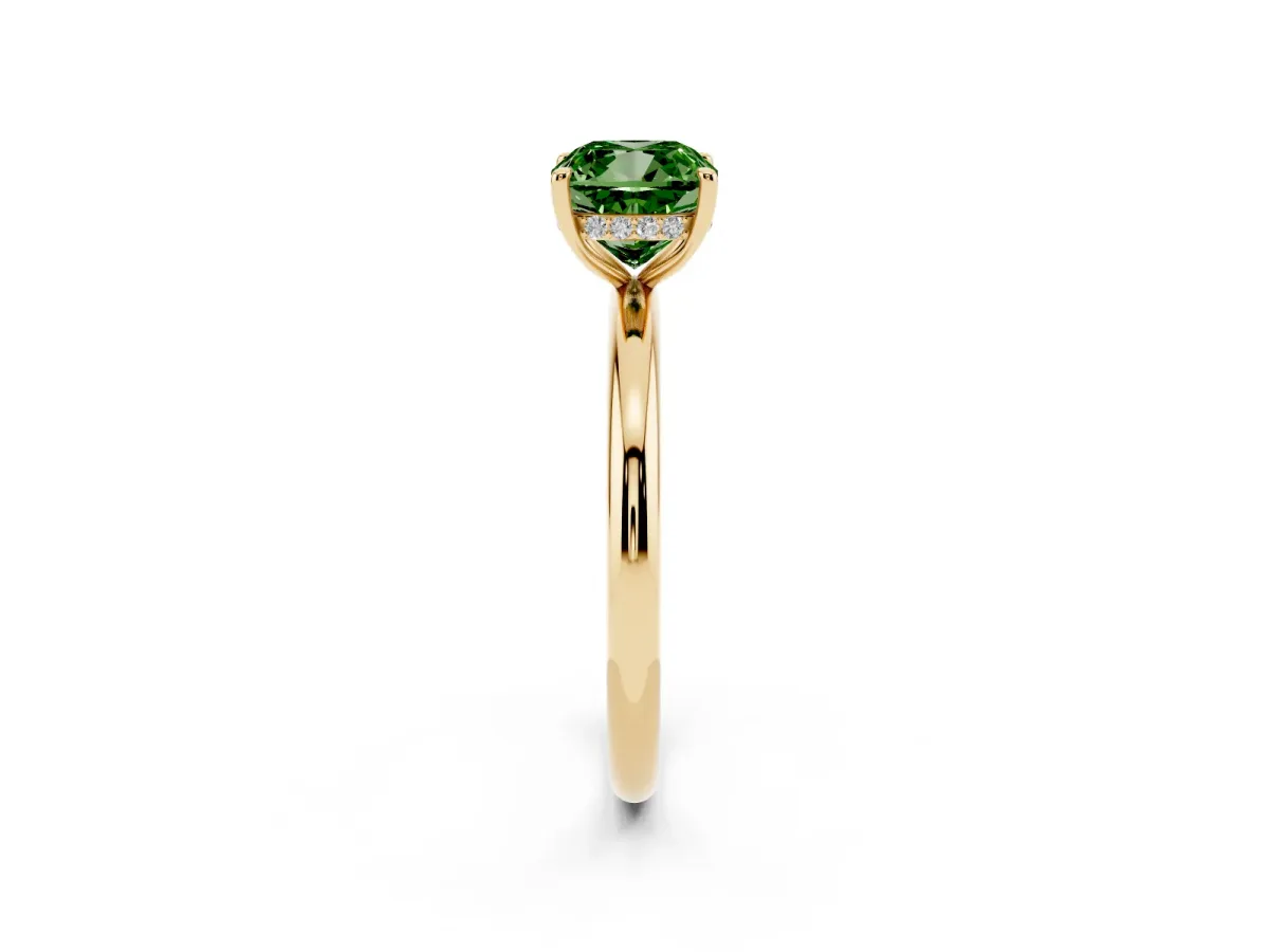 Fancy Green Cushion Cut Diamond Solitaire Ring with Thin Band and Four-Prong Setting Yellow gold