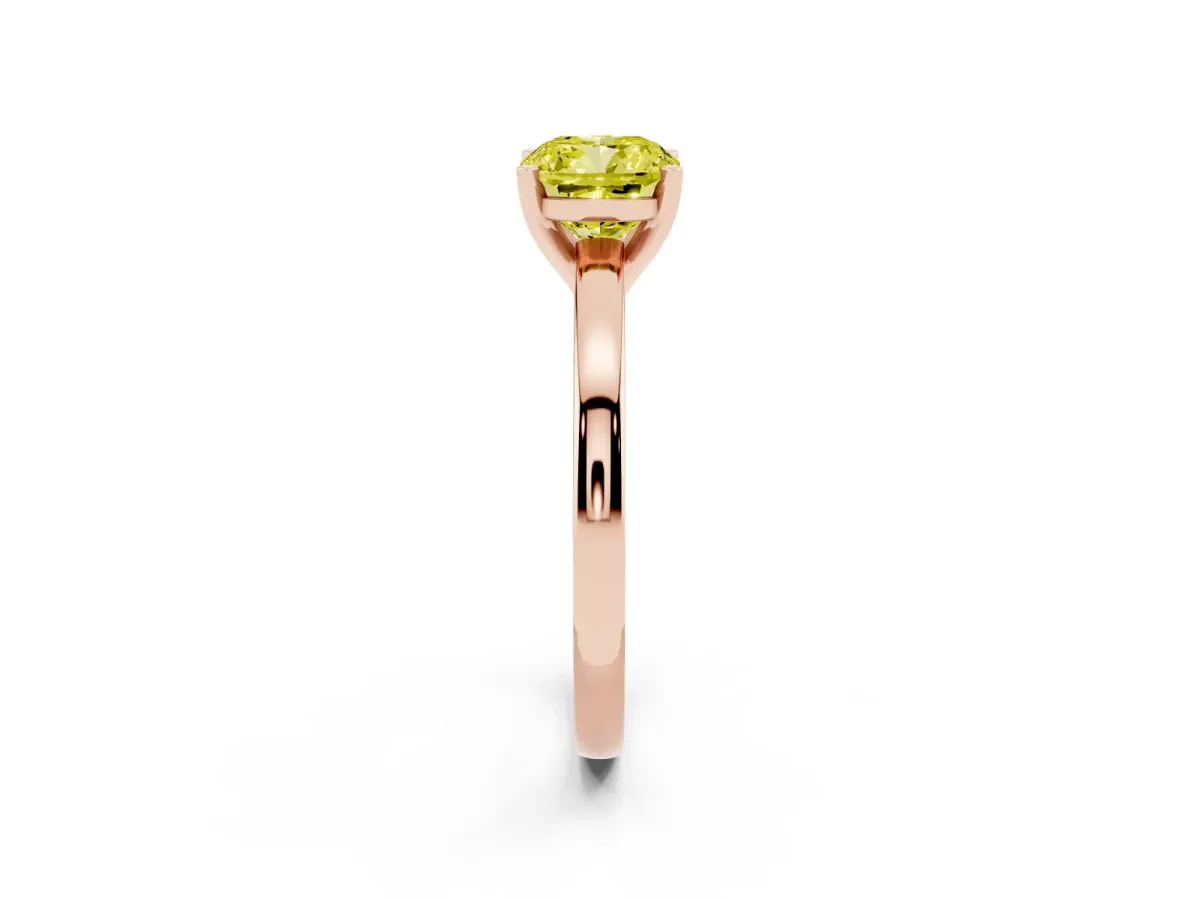 Fancy Yellow Cushion Cut Solitaire Diamond Engagement Ring with Four-Prong Setting on a Classic Band Rose gold