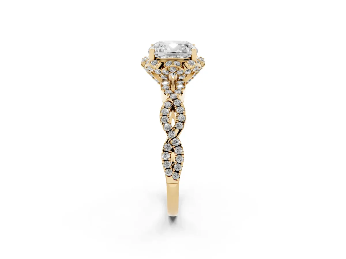 Cushion Cut Halo Twist Band Solitaire Ring with Six-Prong Setting Yellow gold