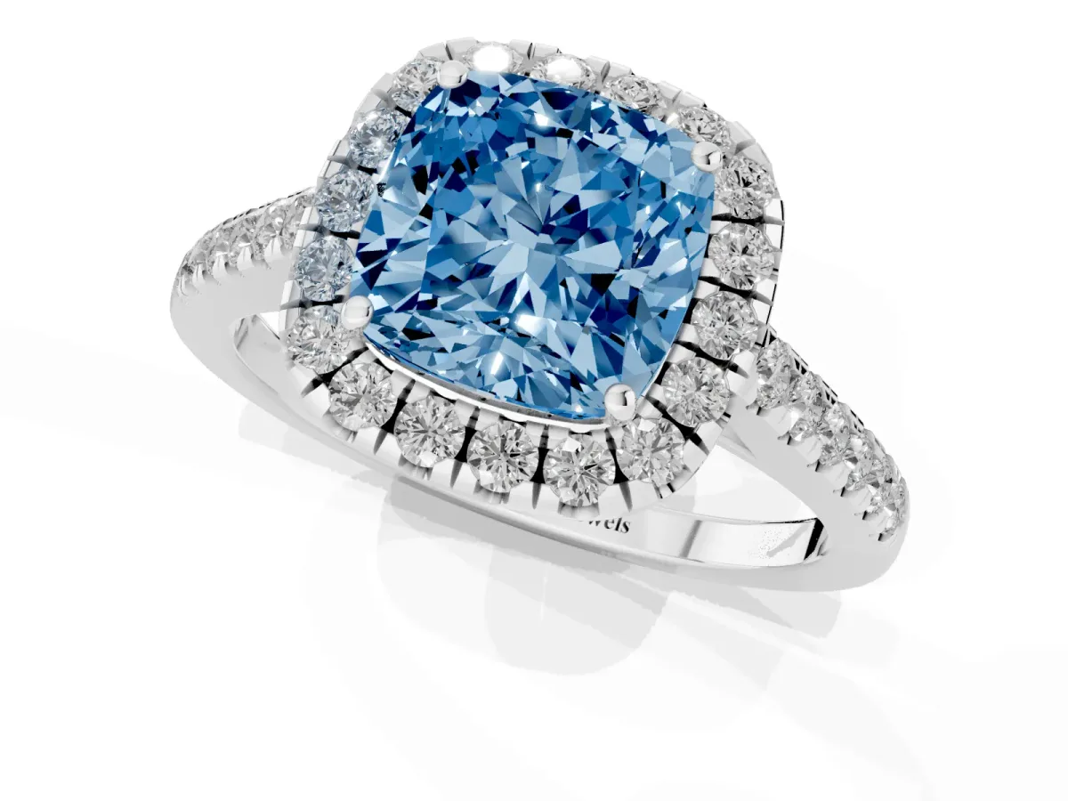 Fancy Blue Cushion Cut Halo Pave Diamond Engagement Ring with Four-Prong Setting Silver