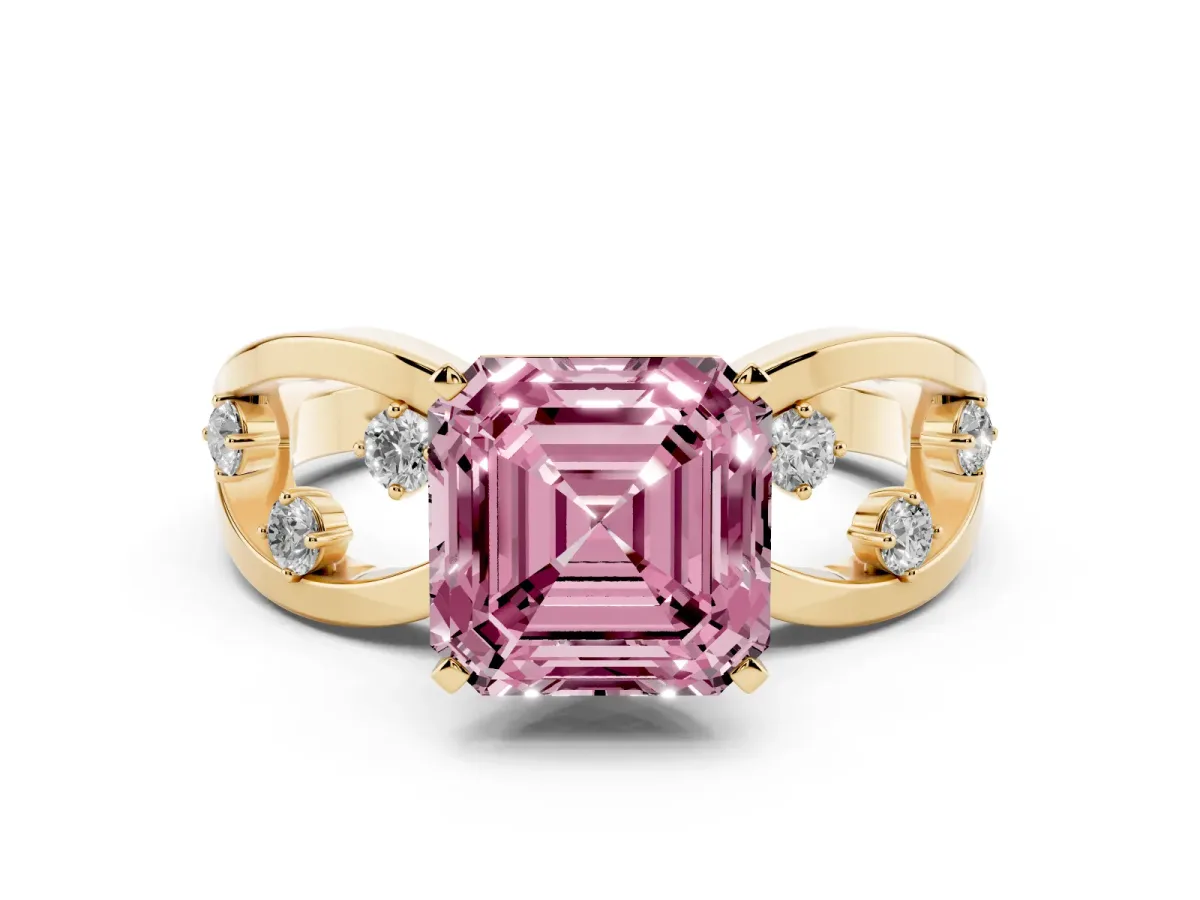 Fancy Pink Asscher Cut Cut Solitaire Diamond with Side Stones on Criss-Cross Band and Four-Prong Setting Yellow gold