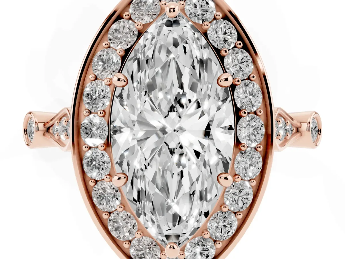 Marquise Cut Halo Diamond Engagement Ring with Twisted Band and Four-Prong Setting Rose gold