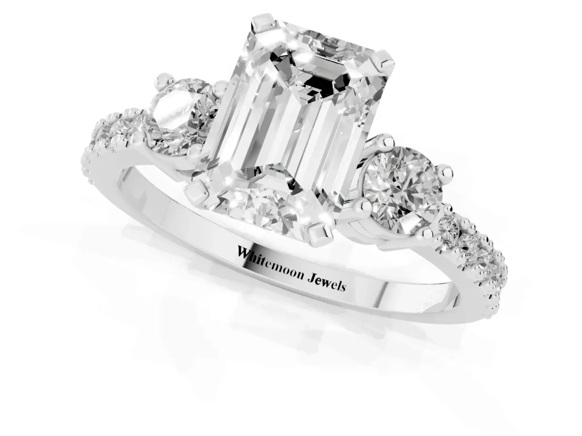 Emerald Cut Three-Stone Diamond Pavé Band with Prong Setting Silver
