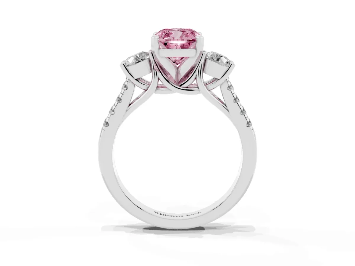 Fancy Pink Three-Stone Cushion Cut Diamond Pavé Band with Four-Prong Setting Silver
