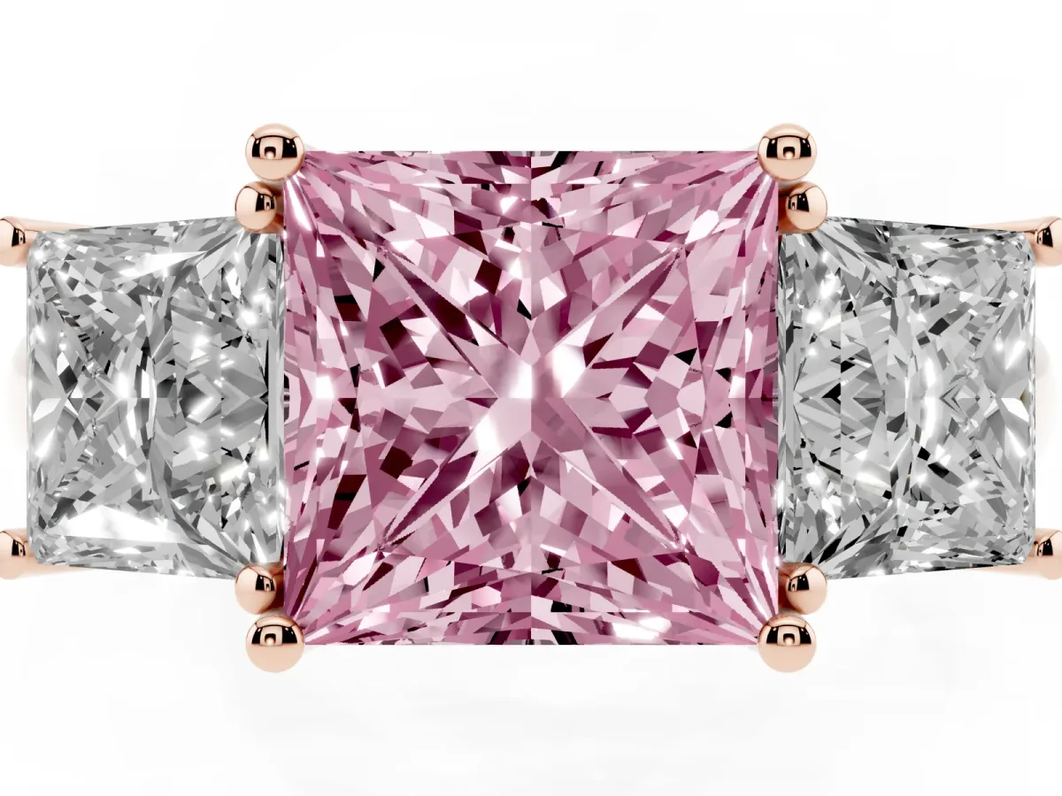 Fancy Pink Three-Stone Princess Cut Diamond Engagement Ring with Prong Setting Rose gold