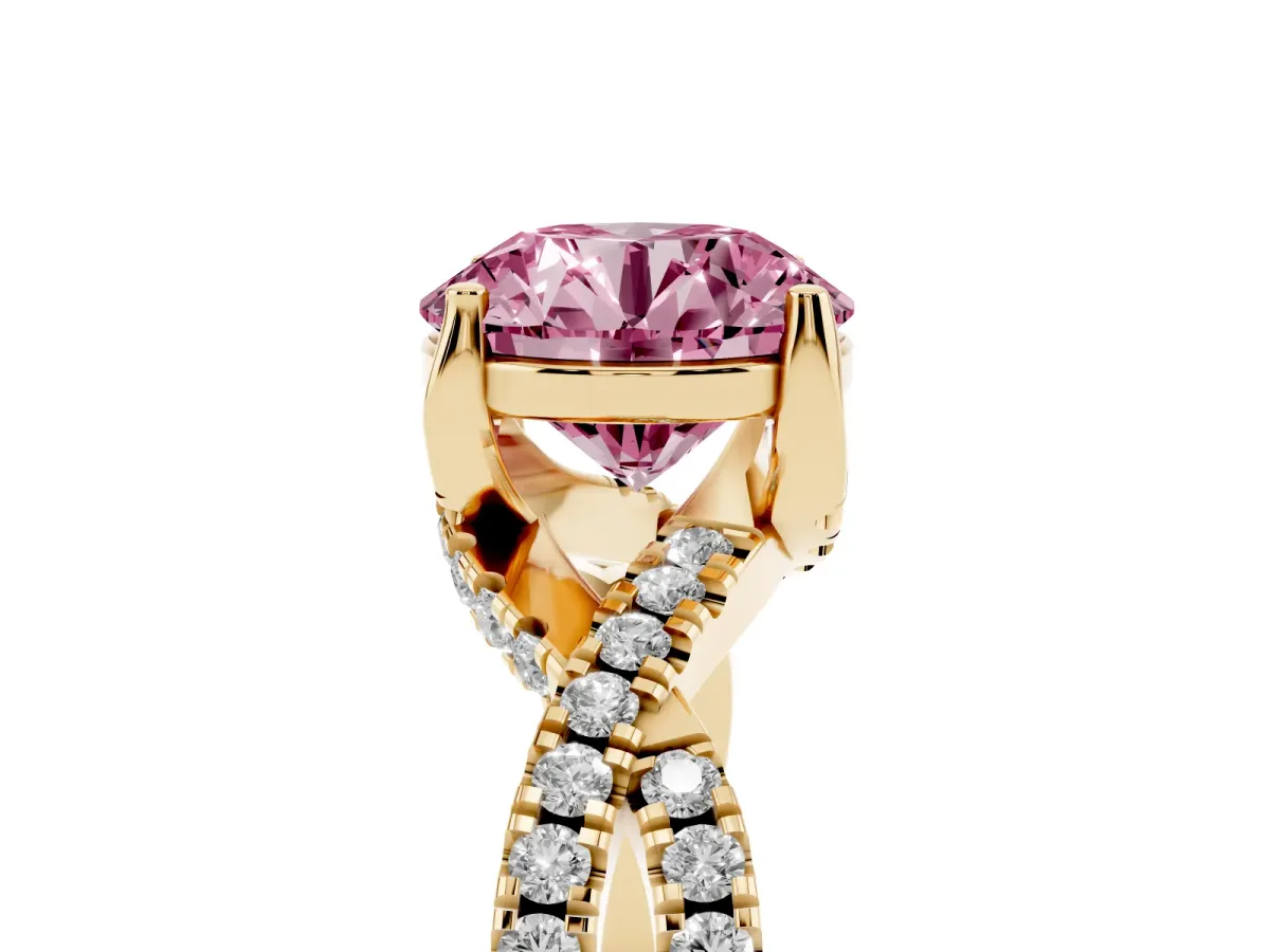 Fancy Pink Round Cut Solitaire Twist Pave Diamond Engagement Ring with Prong Setting Yellow gold