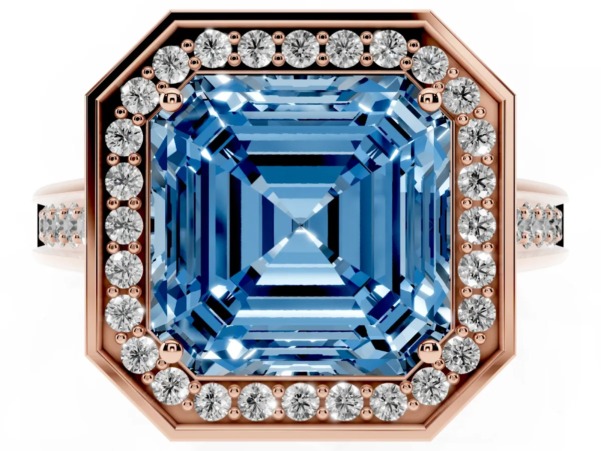 Fancy Blue Asscher Cut Halo Solitaire Diamond Ring with Pave Band and Bezel Setting Rose gold