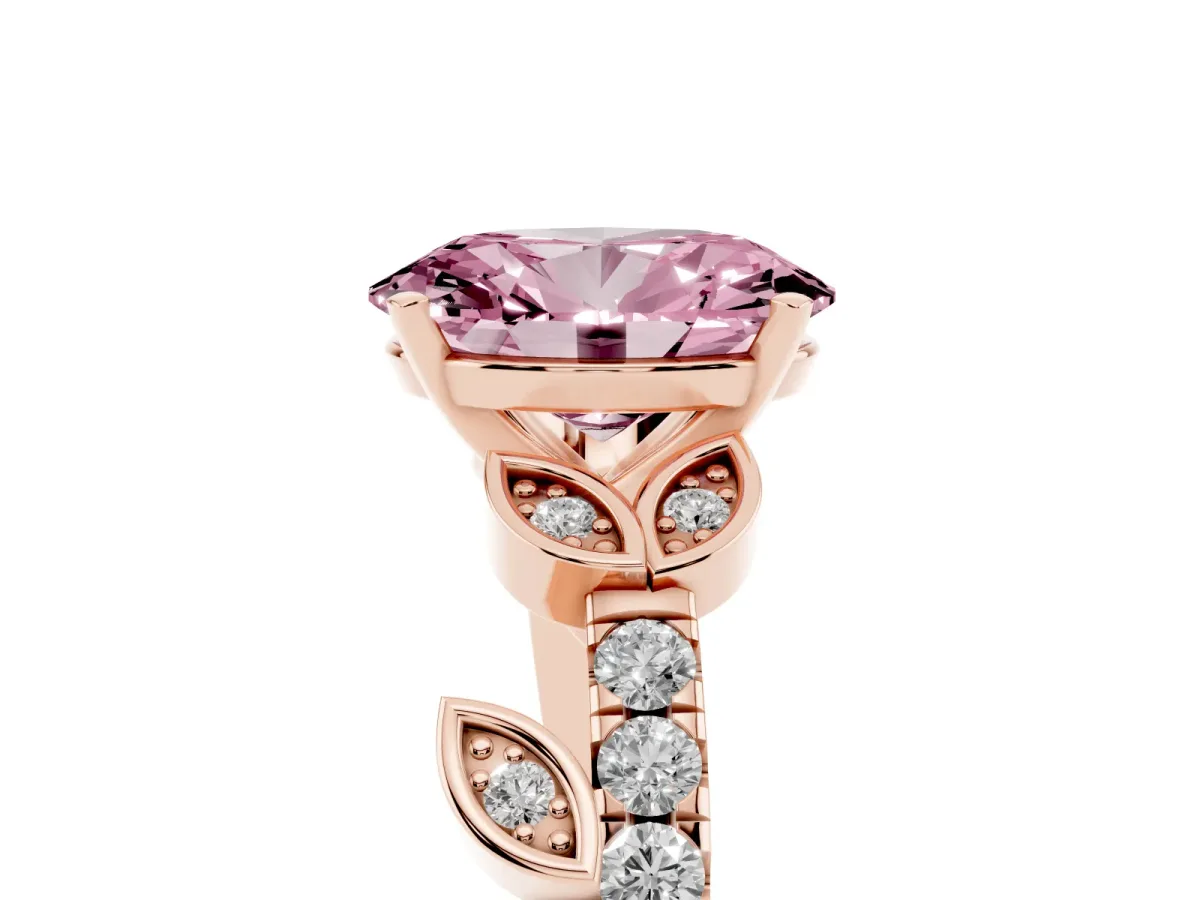 Fancy Pink Oval Cut Solitaire Leaf-Inspired Diamond Ring with Pavé Band and Four-Prong Setting Rose gold