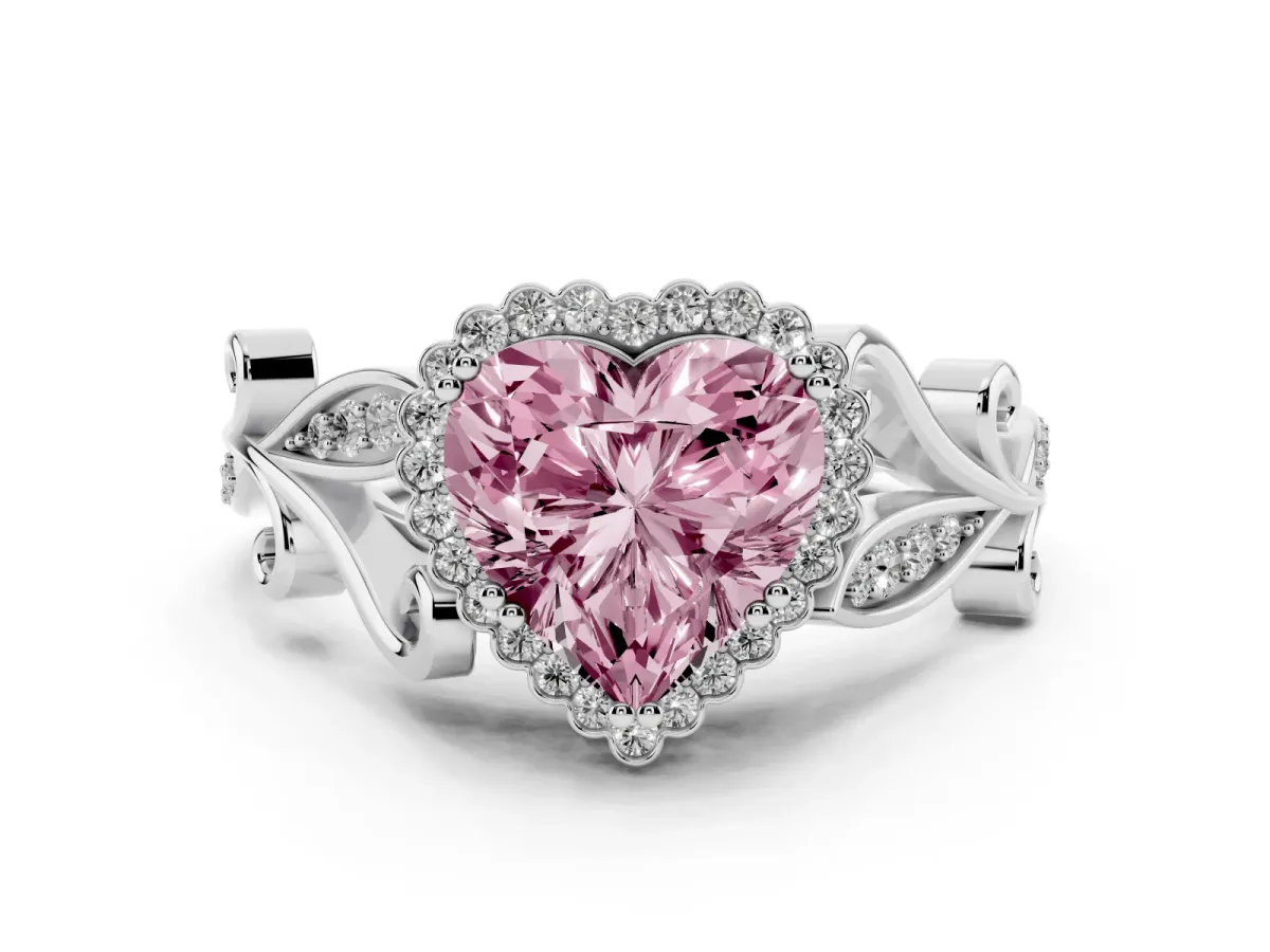 Fancy Pink Heart Cut Diamond Halo Ring with Vintage Split Shank and Four-Prong Setting Silver