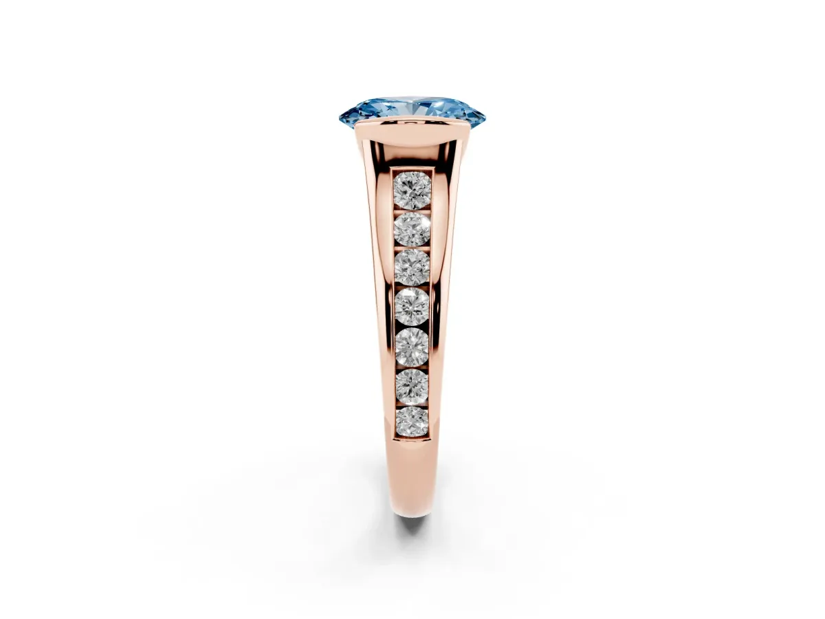 Fancy Blue Oval Cut Solitaire Bezel-Set Diamond Ring with Channel-Set Band Rose gold