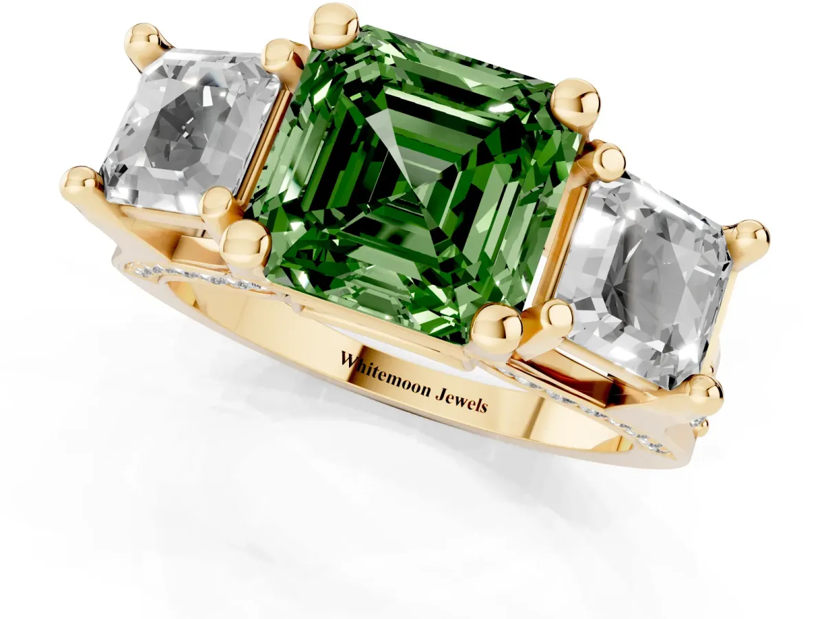 Fancy Green Asscher Cut Diamond Three-Stone Ring with Channel Set Band and Four-Prong Setting Yellow gold