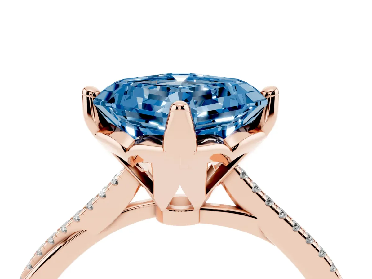 Fancy Blue Asscher Cut Solitaire Twist Band with Pavé Diamonds and Four-Prong Setting Rose gold