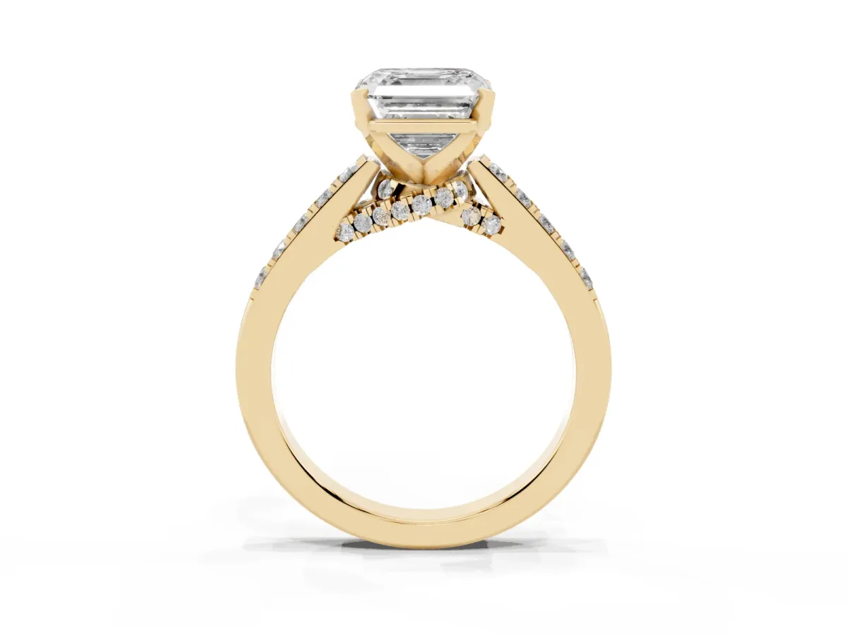 Asscher Cut Diamond Solitaire Ring with Crossover Gallery and Round Pavé Band Yellow gold