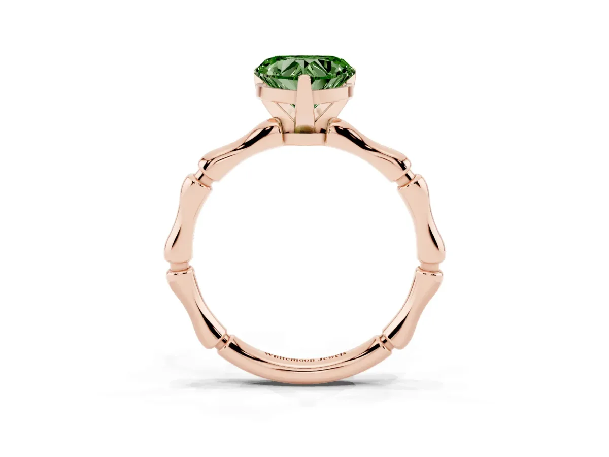 Fancy Green Heart Cut Solitaire Diamond Ring with Bamboo Band and Four-Prong Setting Rose gold