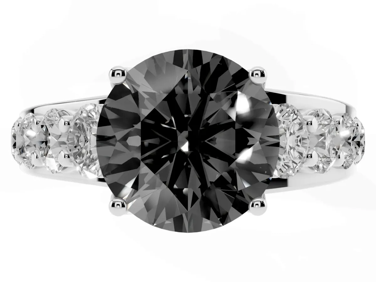 Fancy Black Round Cut Diamond Engagement Ring with Pavé Band and Four-Prong Setting Silver