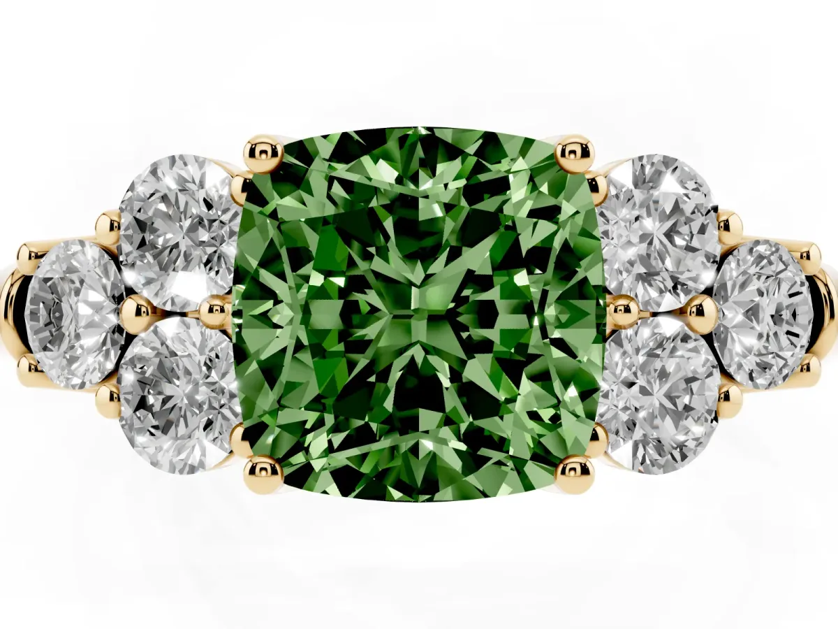 Fancy Green Cushion Cut Cut Diamond Cluster Ring with Round Accent Stones and Prong Setting on a Classic Band Yellow gold