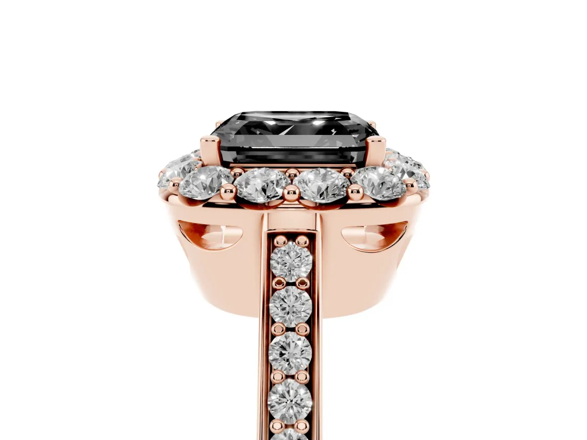 Fancy Black Asscher Cut Diamond Floral Halo Ring with Pavé Band and Prong Setting Rose gold