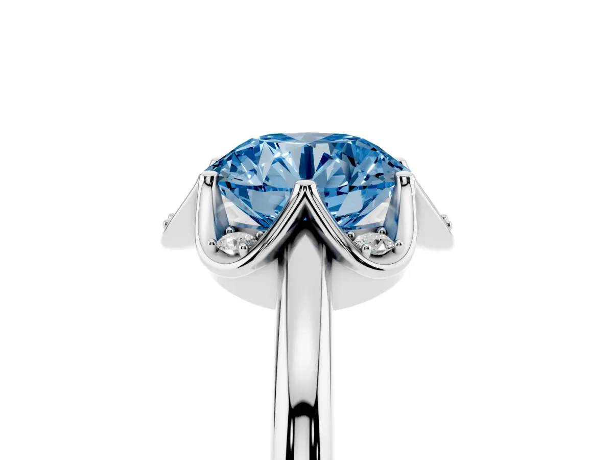 Fancy Blue Round Cut Halo Diamond Ring with Round Cluster Setting, Solitaire Band, and Four-Prong Setting Silver