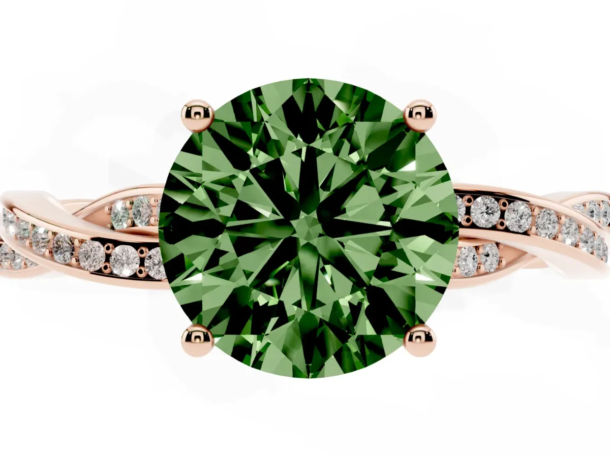 Fancy Green Round Cut Solitaire Twisted Pave Diamond Ring with Four-Prong Setting Rose gold