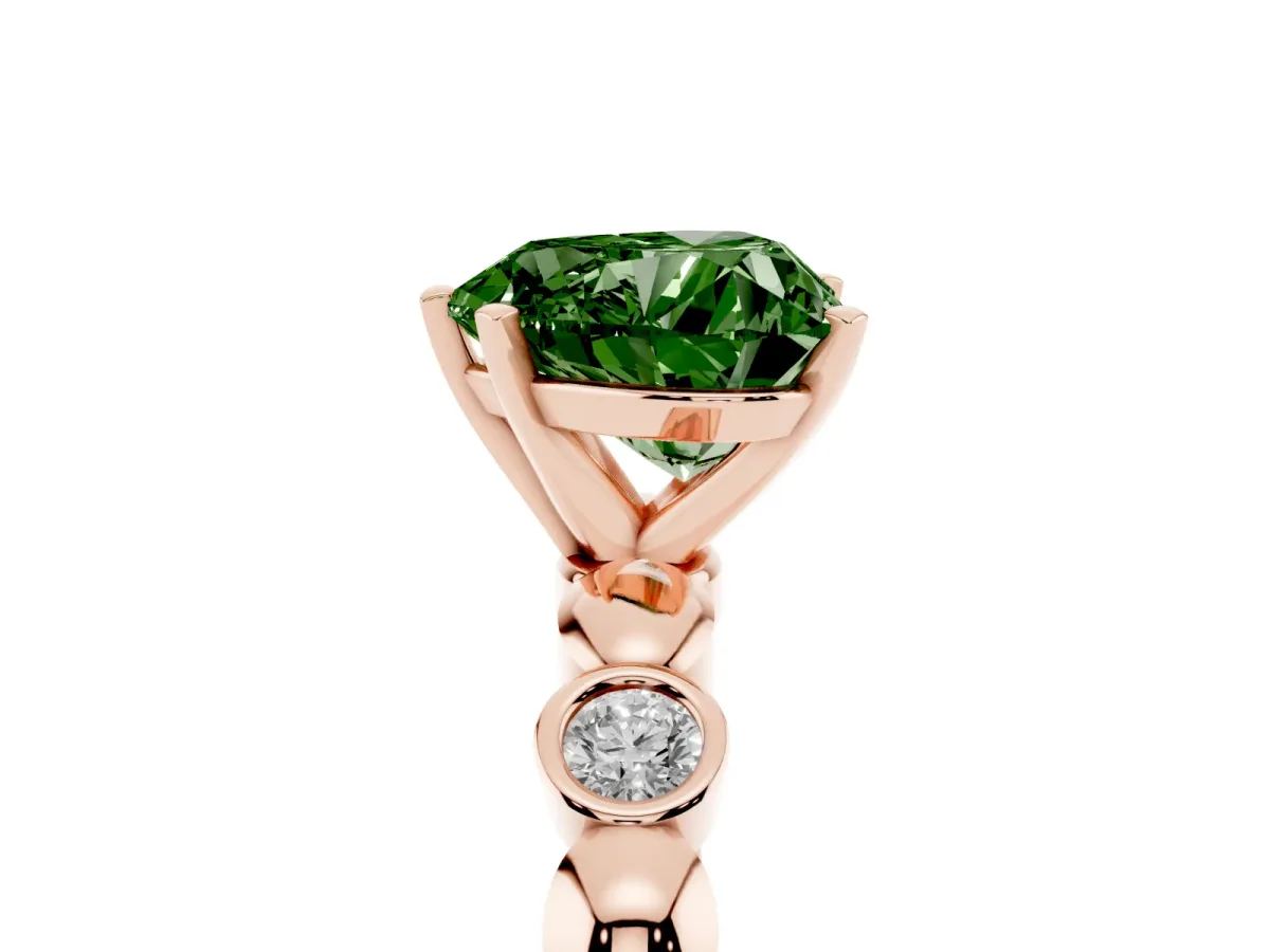 Fancy Green Heart Cut Solitaire Bezel-Set Diamond Ring with Beaded Band and Four-Prong Setting Rose gold