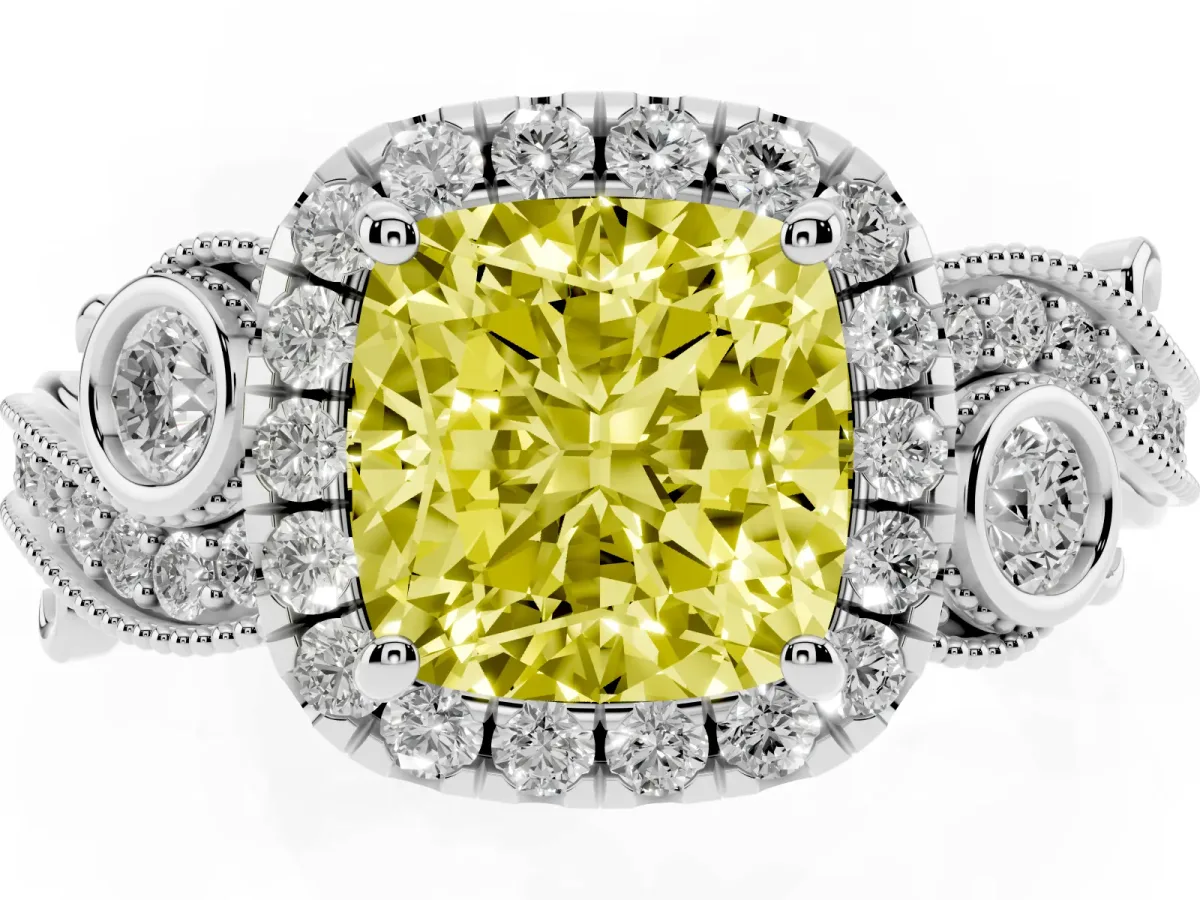 Fancy Yellow Cushion Cut Diamond Halo Ring with Milgrain Pavé Band and Four-Prong Setting Silver