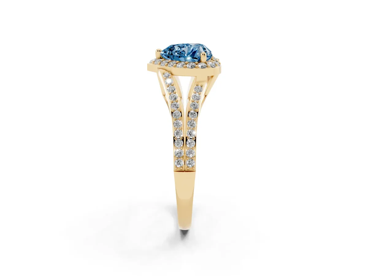 Fancy Blue Heart Cut Halo Split Shank Diamond Ring with Prong Setting Yellow gold