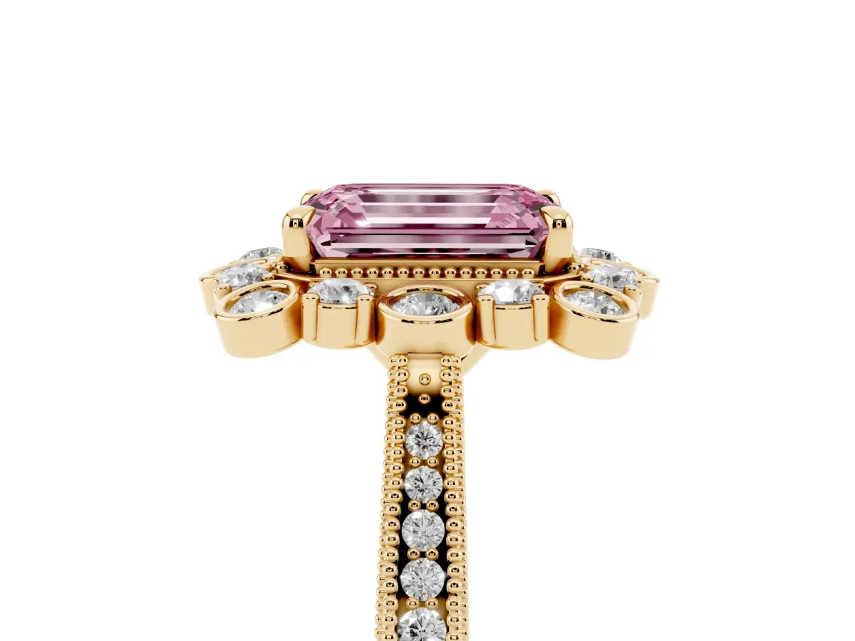 Fancy Pink Emerald Cut Halo Milgrain Pave Diamond Ring with Four-Prong Setting Yellow gold