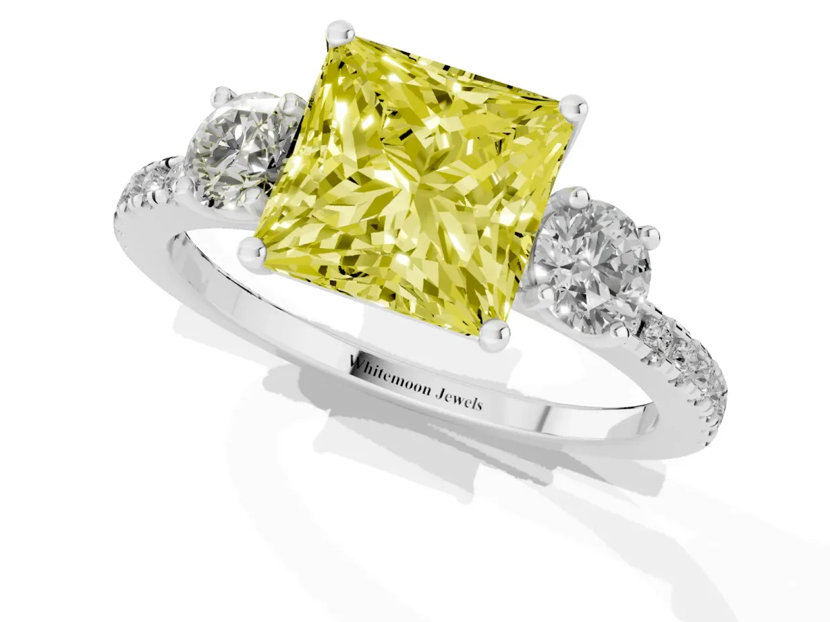 Fancy Yellow Three-Stone Princess Cut Cut Diamond Pavé Band with Prong Setting Silver