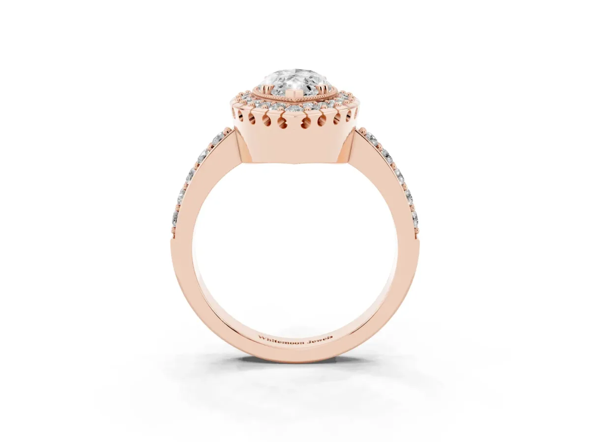 Marquise Cut Diamond Halo Ring with Pavé Band and Prong Setting Rose gold