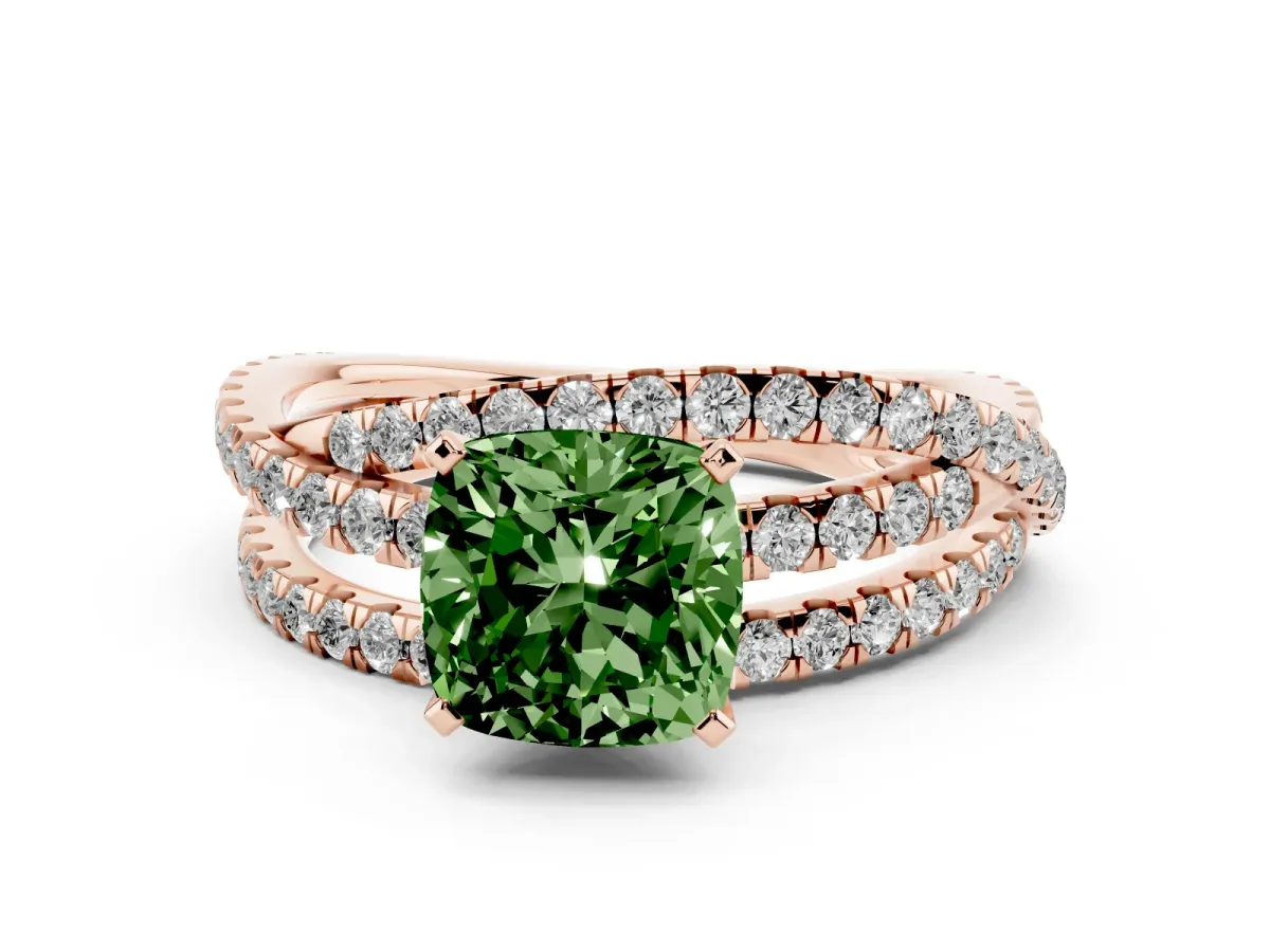 Fancy Green Cushion Cut Solitaire Twist Band with Pavé Setting and Four-Prong Setting Rose gold