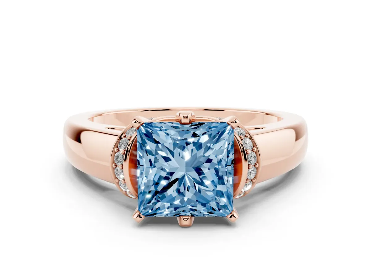 Fancy Blue Princess Cut Solitaire Diamond Ring with Pave Band and Six-Prong Setting Rose gold