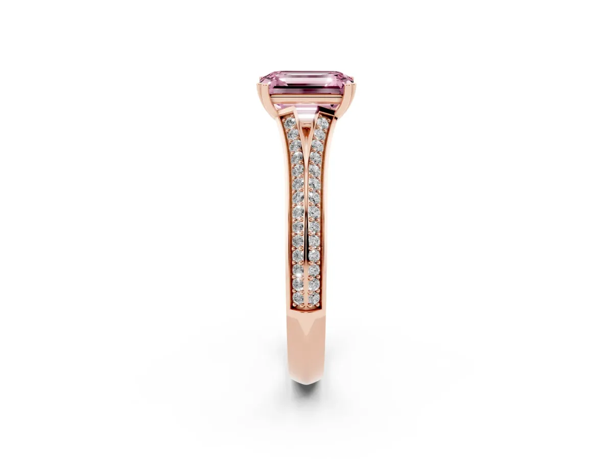 Fancy Pink Emerald Cut Diamond Split Shank Engagement Ring with Pavé Band Rose gold