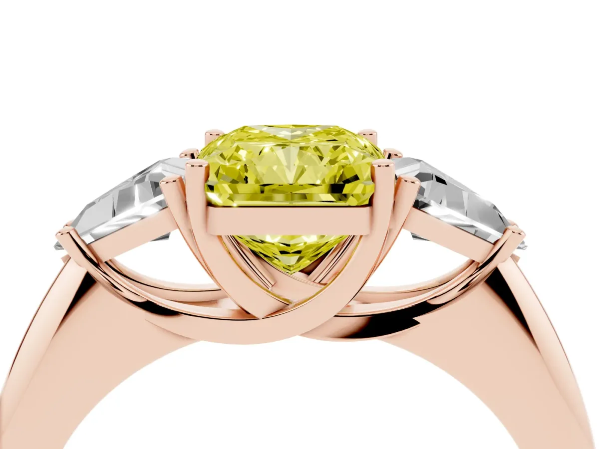 Fancy Yellow Three-Stone Radiant Cut Diamond Engagement Ring with Trillion Side Stones and Prong Setting Rose gold