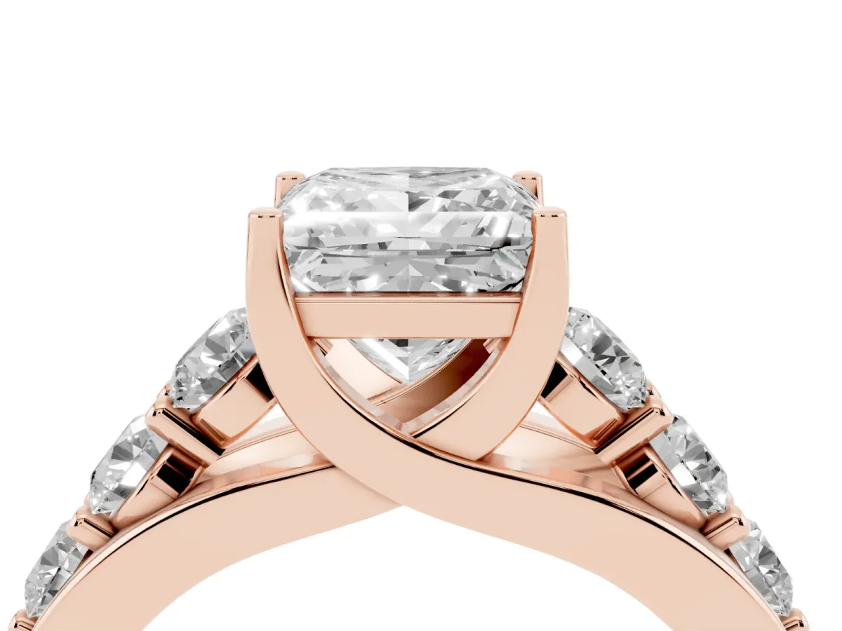 Princess Cut Diamond Engagement Ring with Pavé Band and Four-Prong Setting Rose gold