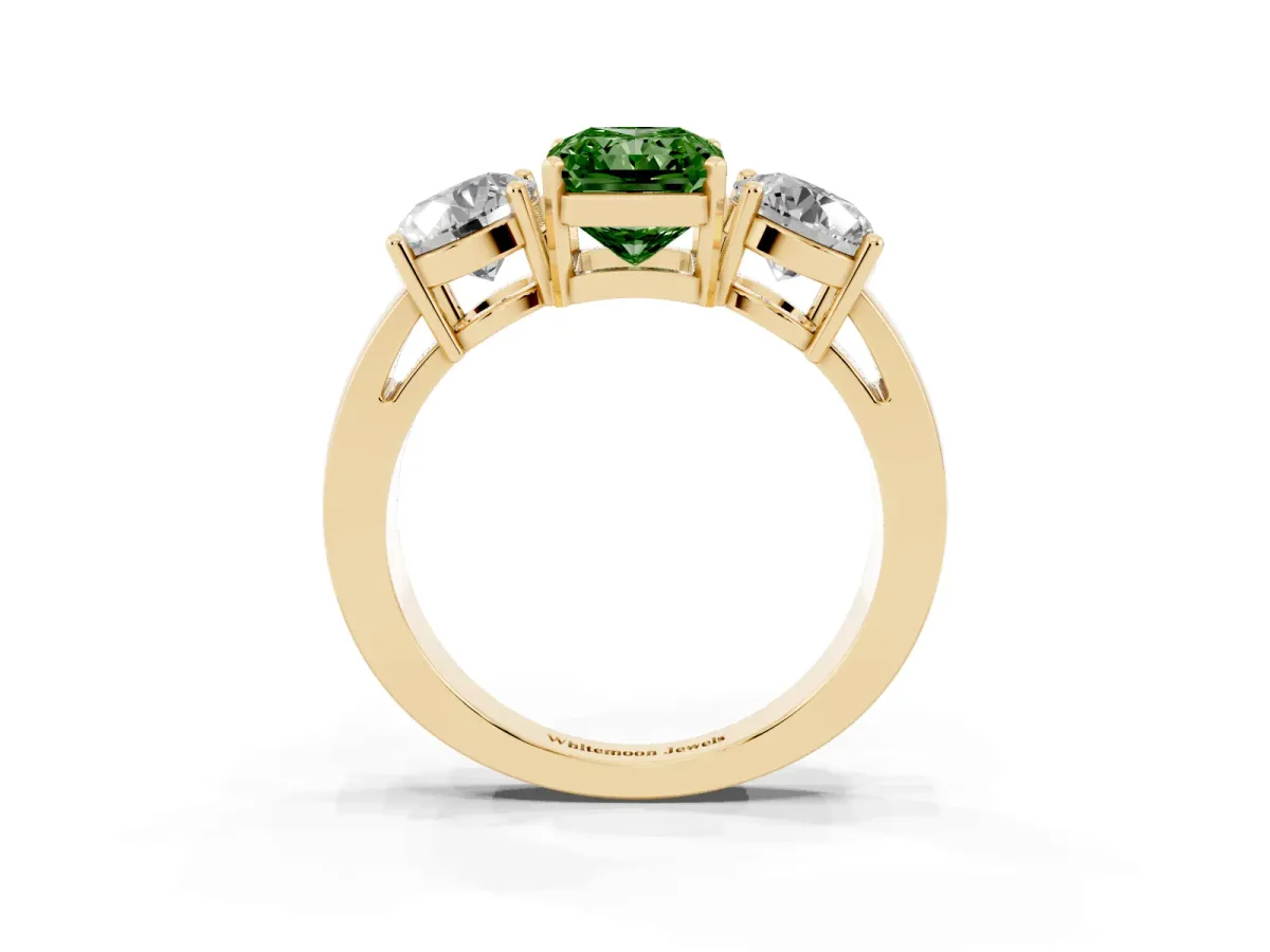 Fancy Green Three-Stone Radiant Cut Diamond Ring with Round Side Stones, Classic Band, and Four-Prong Setting Yellow gold