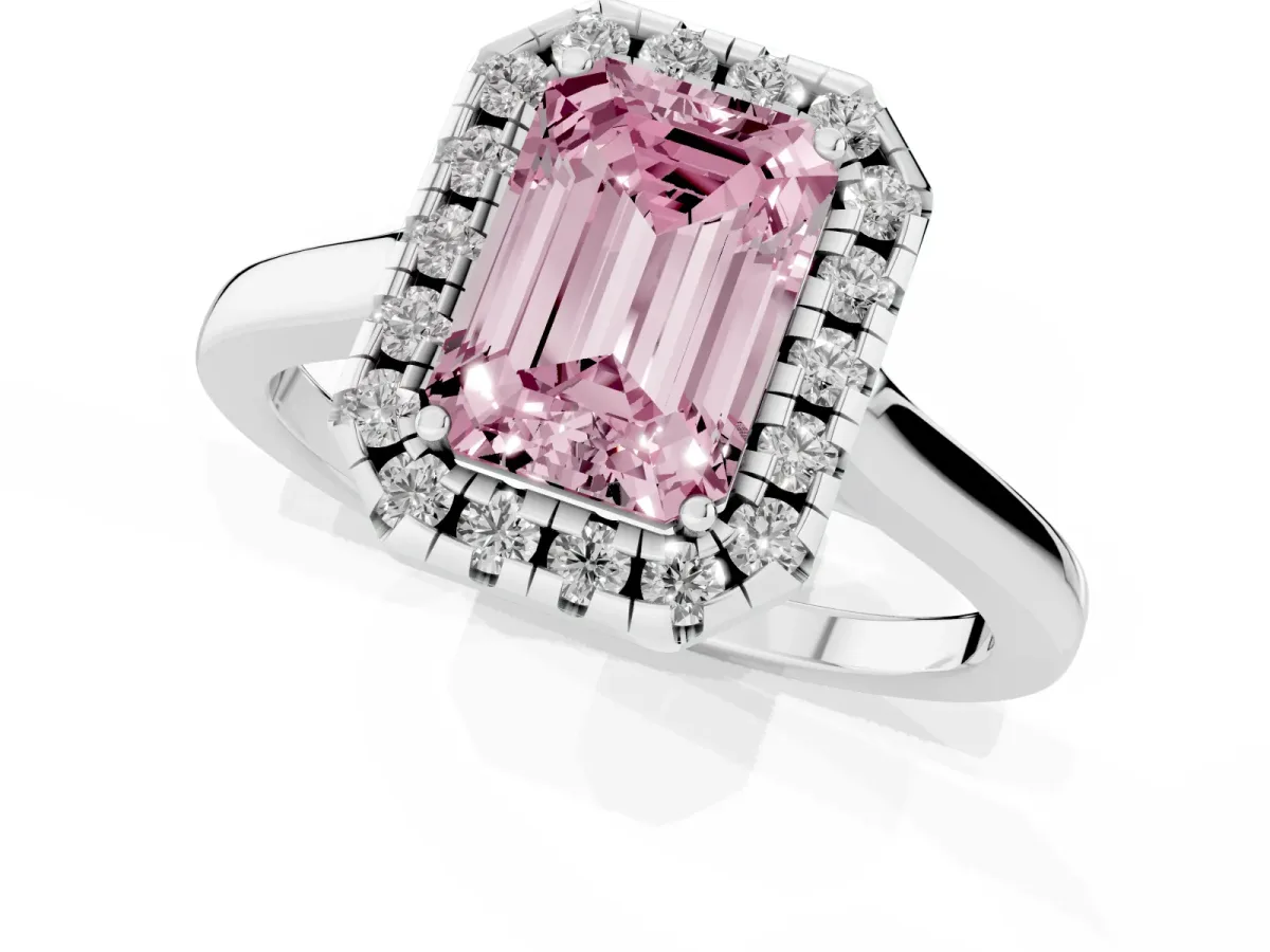 Fancy Pink Emerald Cut Halo Round Diamond Solitaire Ring with Pavé Band and Four-Prong Setting White gold
